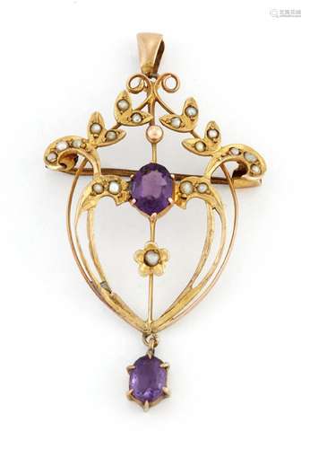 AN AMETHYST AND SEED PEARL BROOCH / PENDANT