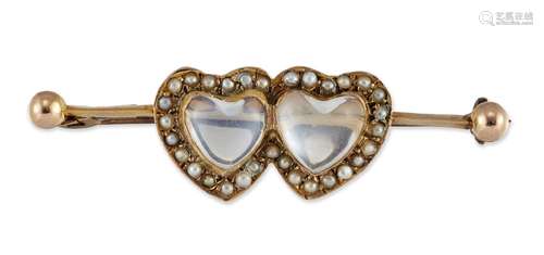 A MOONSTONE AND SEED PEARL TWIN HEART BROOCH