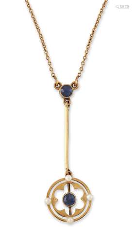 A SAPPHIRE AND SEED PEARL PENDANT NECKLACE