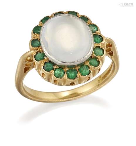 AN 18 CARAT GOLD MOONSTONE AND EMERALD CLUSTER RING