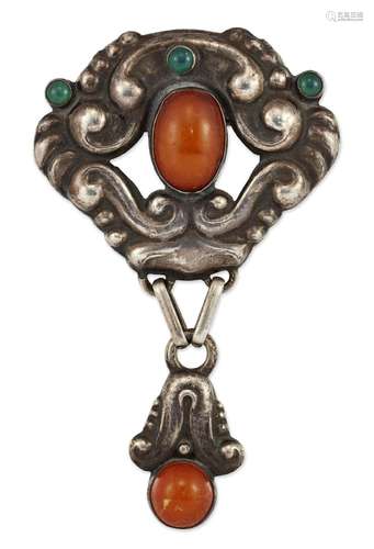 A SKØNVIRKE DANISH SILVER AMBER AND CHRYSOPRASE BROOCH