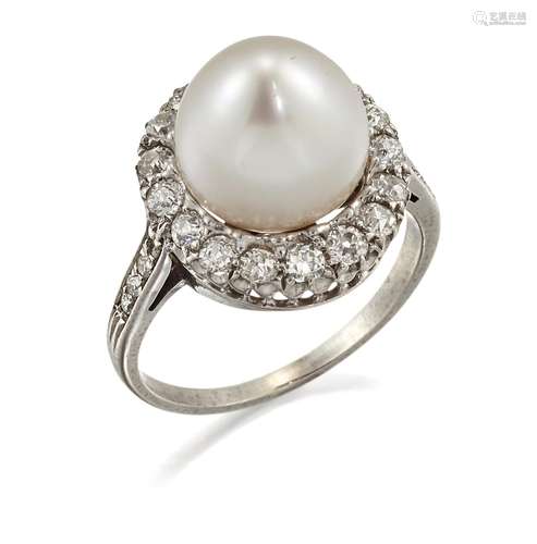 A CULTURED PEARL AND DIAMOND CLUSTER RING