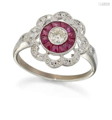 A RUBY AND DIAMOND CLUSTER RING