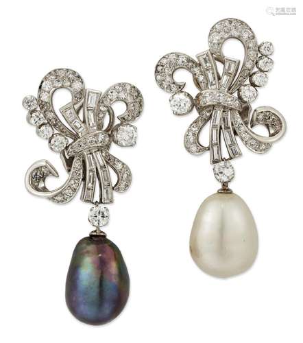 A PAIR OF PEARL AND DIAMOND PENDANT EARRINGS