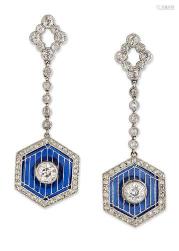 A PAIR OF PLIQUE A JOUR ENAMEL AND DIAMOND PENDANT EARRINGS