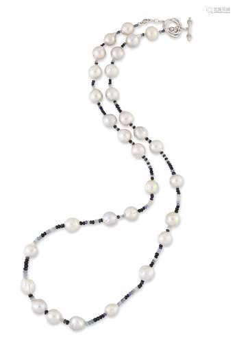 A CULTURED PEARL AND SAPPHIRE NECKLACE