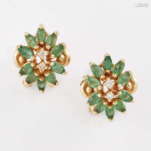 A PAIR OF EMERALD AND DIAMOND CLUSTER EARRINGS