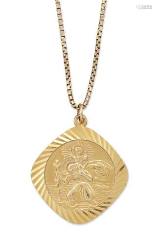 A 9 CARAT GOLD ST. CHRISTOPHER PENDANT ON BOX LINK CHAIN. Ha...