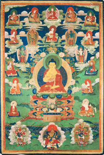 ﻿Buddha<br />
Tibet/Chine ca 19° siècle<br />
Détrempe sur t...