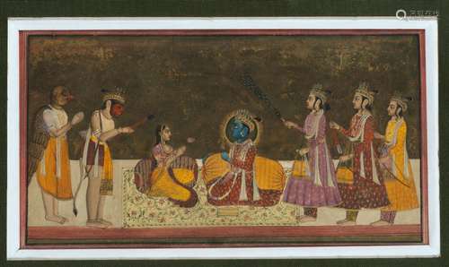 ﻿Krishna  et une jeune femme entourés <br />
de trois hommes...