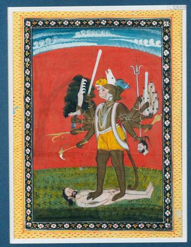 ﻿Pancha mukha Hanuman<br />
Inde ca 19° siècle<br />
Détremp...