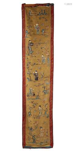 A 19th century Chinese embroidered silk long panel, depictin...