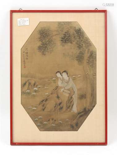 A 19th century Chinese painting on silk depicting two ladies...