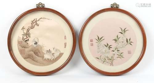 Two Chinese embroidered silk roundels, one depicting goats, ...