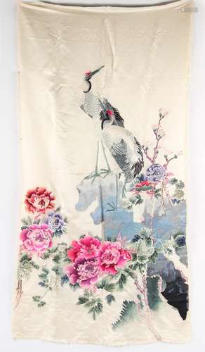 An unframed Chinese embroidered silk panel depicting two cra...