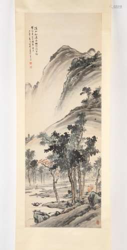A Chinese scroll painting on paper depicting figures in a mo...