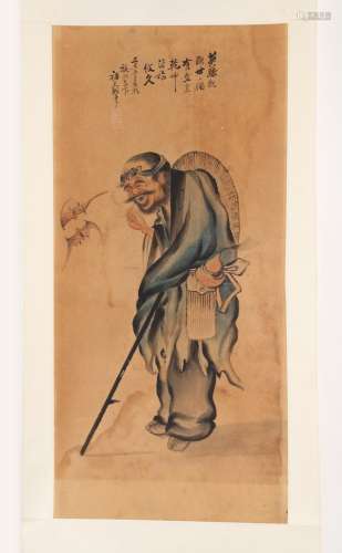 A Chinese scroll painting on paper depicting a standing figu...