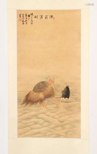 A Chinese scroll painting on paper depicting a fisherman in ...