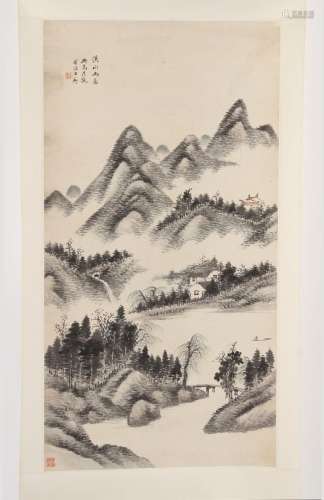 A Chinese scroll depicting a mountainous river landscape, wi...