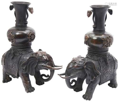 PAIR OF BRONZE CAPARISONED ELEPHANT-FORM ALTAR VASES LATE QI...