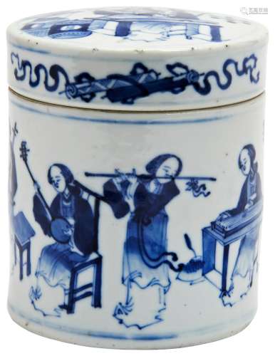 BLUE AND WHITE 'MUSICIANS' COVERED JAR  QING DYNASTY...