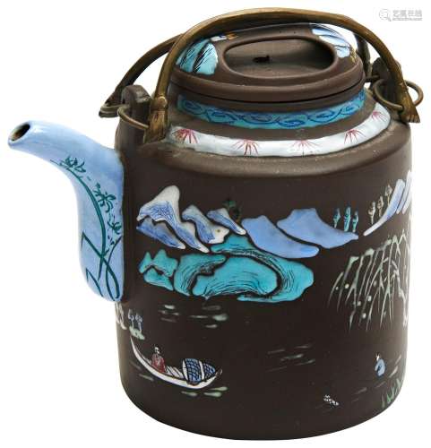 YIXING ENAMELLED TEAPOT AND COVER REPUBLIC PERIOD the cylind...