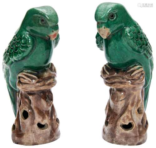 PAIR OF CHINESE GREEN-GLAZE PARROTS  QING DYNASTY, 19TH CENT...