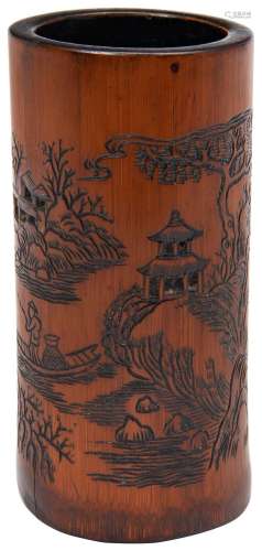 CARVED BAMBOO BRUSH POT REPUBLIC PERIOD the cylindrical side...