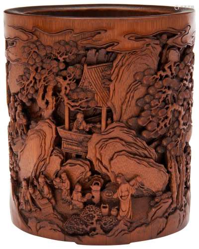 FINE CARVED BAMBOO BRUSHPOT QING DYNASTY, BY SHI CHENGZHI  t...