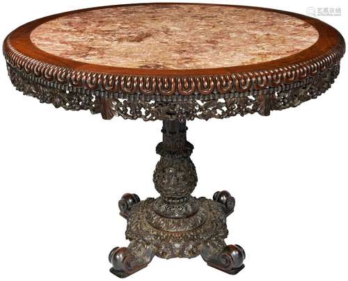 FINE CARVED HUANGHUALI MARBLE INSET CIRCULAR TABLE QING DYNA...