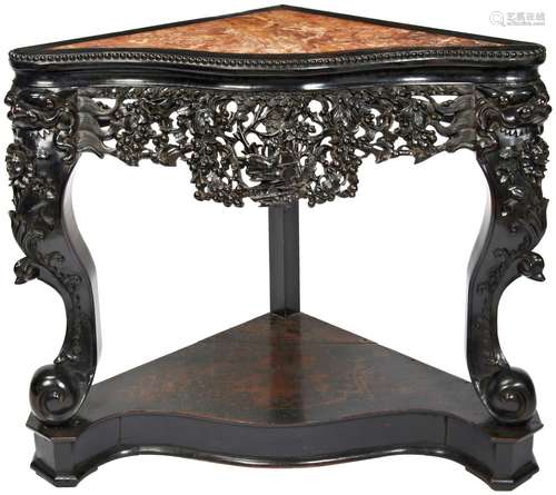 CARVED HUANGHUALI MARBLE INSET CORNER TABLE QING DYNASTY, 19...