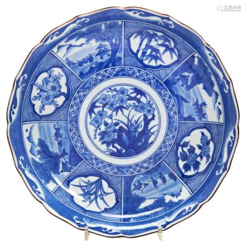 JAPANESE BLUE AND WHITE BARBED DISH  MEIJI PERIOD (1868-1912...