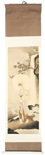 JAPANESE MEIJI PERIOD SILK SCROLL PAINTING OF KWANON AT WATE...