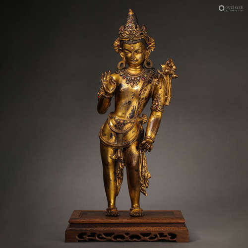 THIRTEENTH-CENTURY GILT BRONZE BUDDHA STANDING STATUE, CHINA