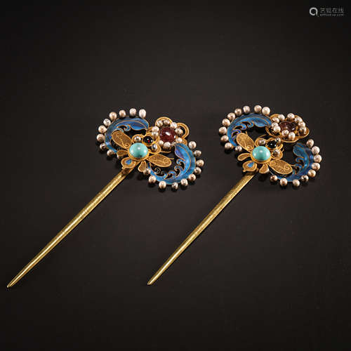 CHINESE QING DYNASTY PURE GOLD HAIRPIN INLAID GEMSTONE PLUTO...