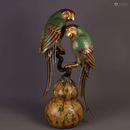 CHINESE QING DYNASTY COPPER TIRE ENAMEL DOUBLE PARROT ORNAME...