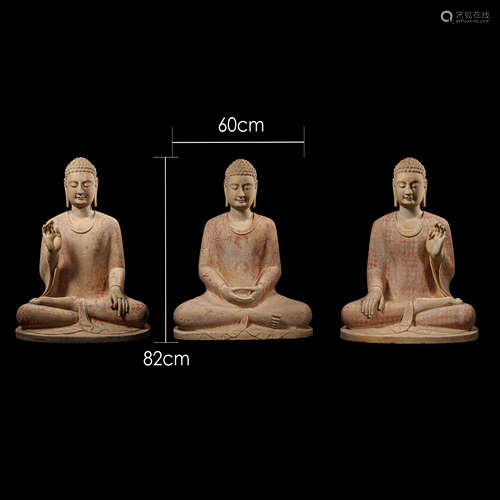 A GROUP OF PAINTED STONE BUDDHA STATUES , TANG DYNASTY, CHIN...