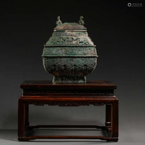 CHINESE HAN DYNASTY BRONZE WARE (ROSEWOOD BASE)