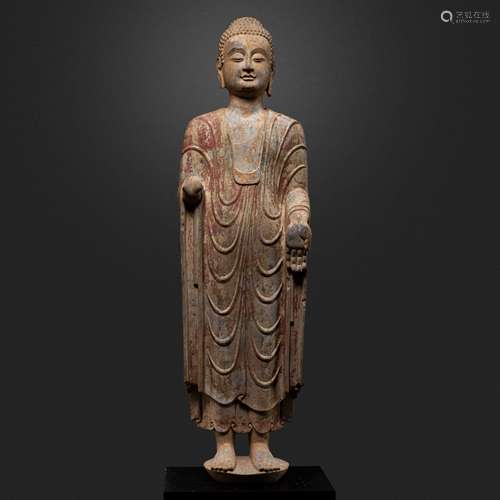 PAINTED STONE CARVED BUDDHA STATUES, NORTHERN WEI DYNASTY, C...