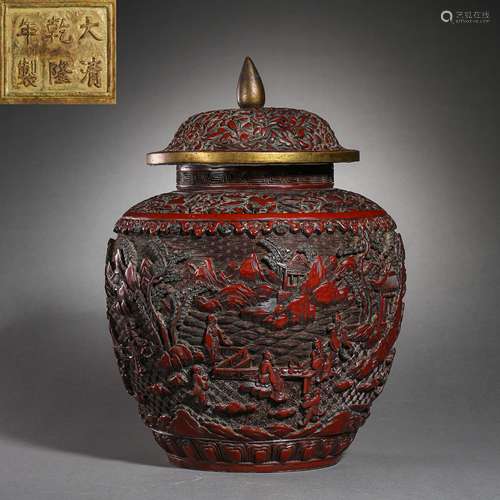 CHINESE QING DYNASTY COPPER TIRE PAINT CARVED LID JAR