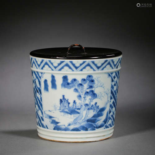 CHINESE QING DYNASTY BLUE AND WHITE PEN HOLDER