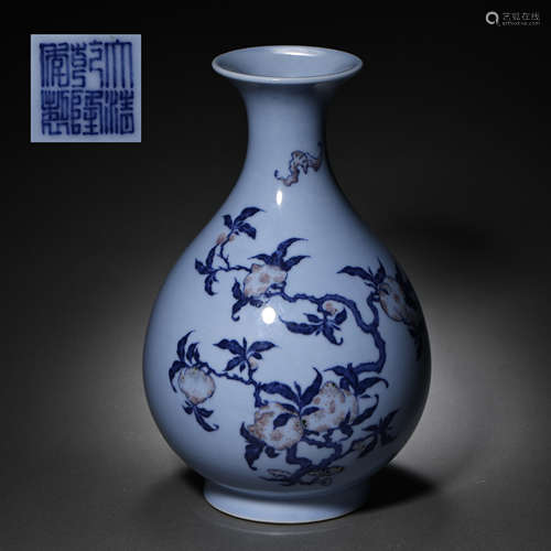 CHINESE QING DYNASTY BLUE AND WHITE UNDERGLAZE RED SPRING BO...