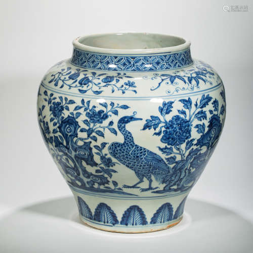 CHINESE YUAN DYNASTY BLUE AND WHITE PEACOCK PATTERN JAR