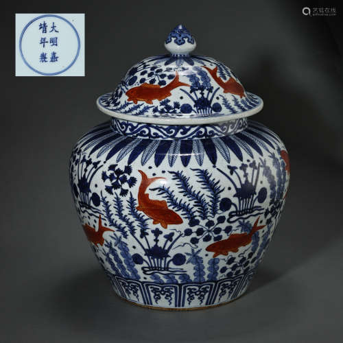 CHINESE MING DYNASTY BLUE AND WHITE GLAZE RED FISH ALGAE PAT...