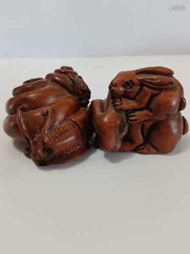 Two Japanese Wood Carved Netsuke