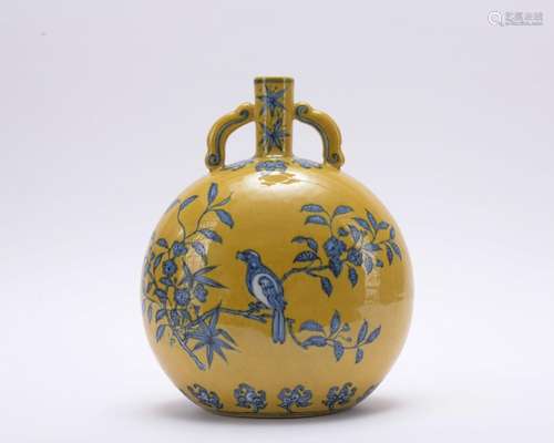 A blue and white and yellow-ground 'floral and birds' moonfl...