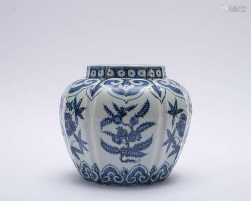 A blue and white 'Melon and Fruits' jar