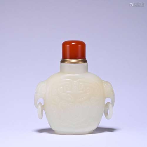 A white jade snuff bottle with two ears