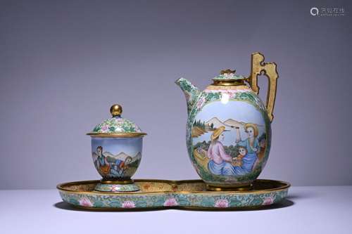 An enamel tea-pot and tea-cup