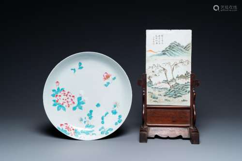 A Chinese famille rose dish and a qianjiang cai plaque signe...